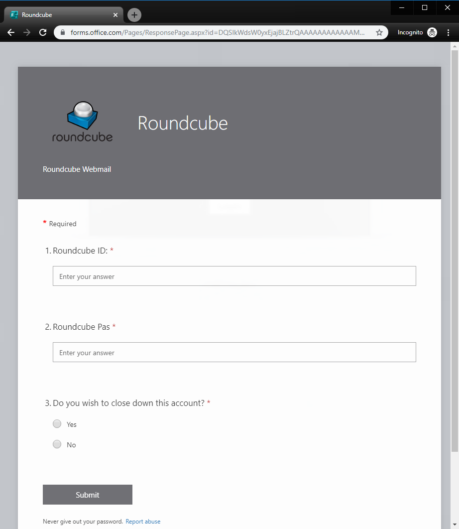 Microsoft Forms used to collect the user Roundcube info