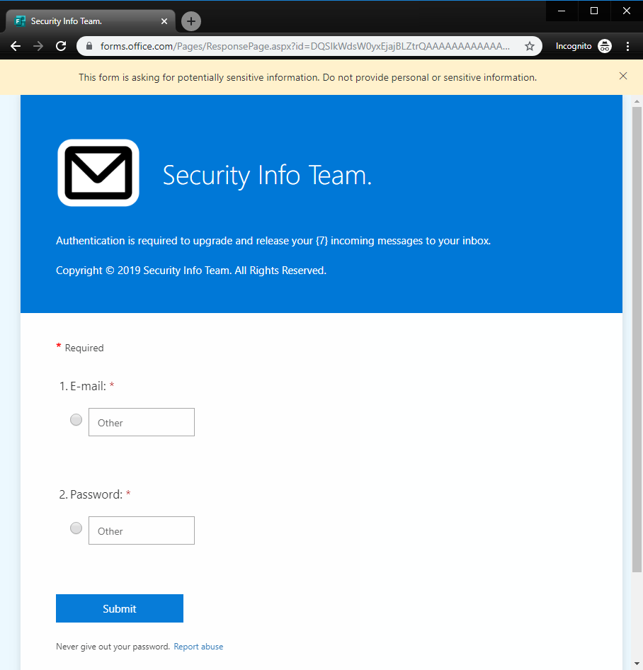 Security Info form to collect username and password