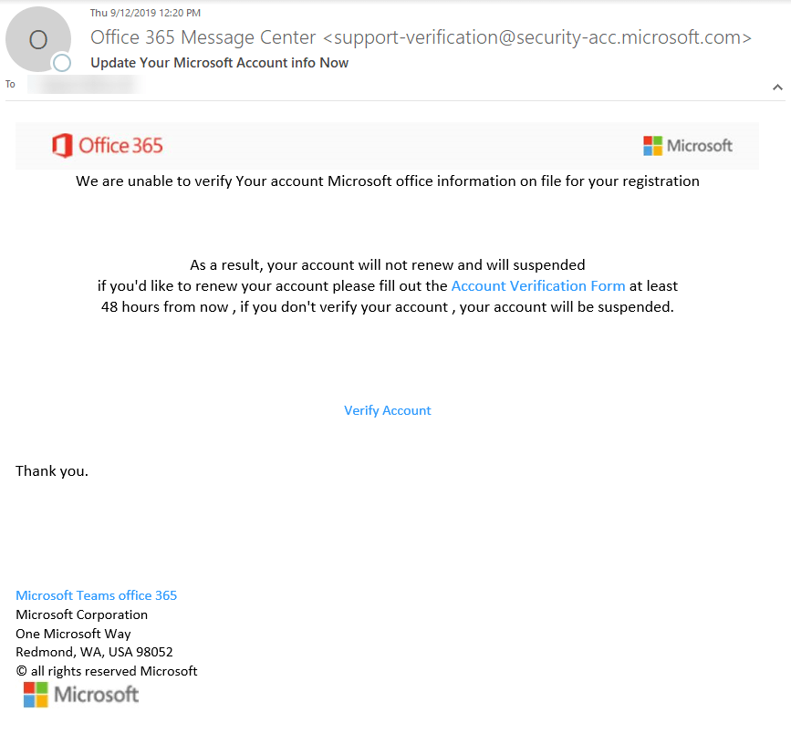 Microsoft Phishing Email Example