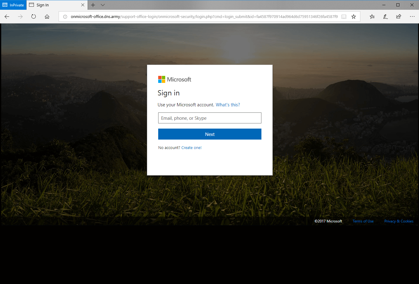 First glance of the phishing website for Office 365 login page