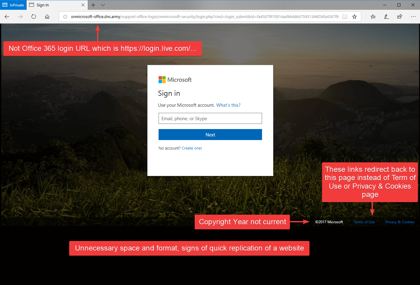 Highlighted signs of the phishing website for Office 365 login page