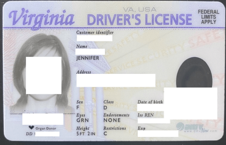 Screenshot of the front of “Jennifer’s” driver’s license. (Source: Zix | AppRiver)