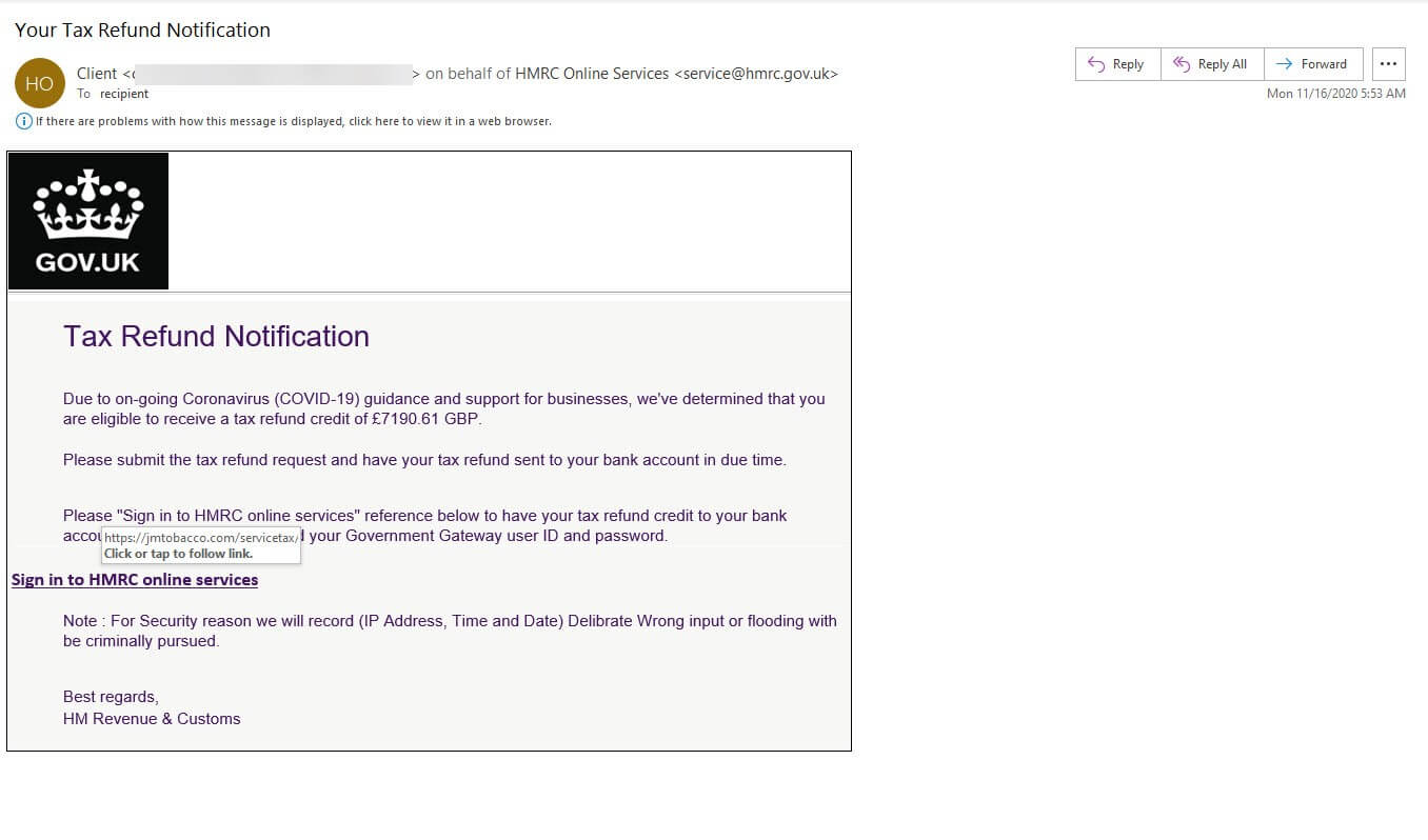 A screenshot of the fake email from HMRC. (Source: Zix | AppRiver)