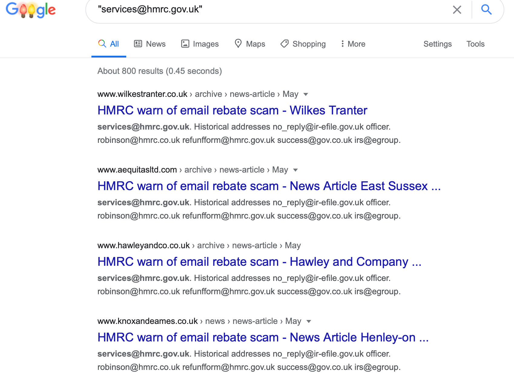 A screenshot of Google Search results showing some of the websites that warn against the email address “services@hmrc[dot]gov[dot]uk.”