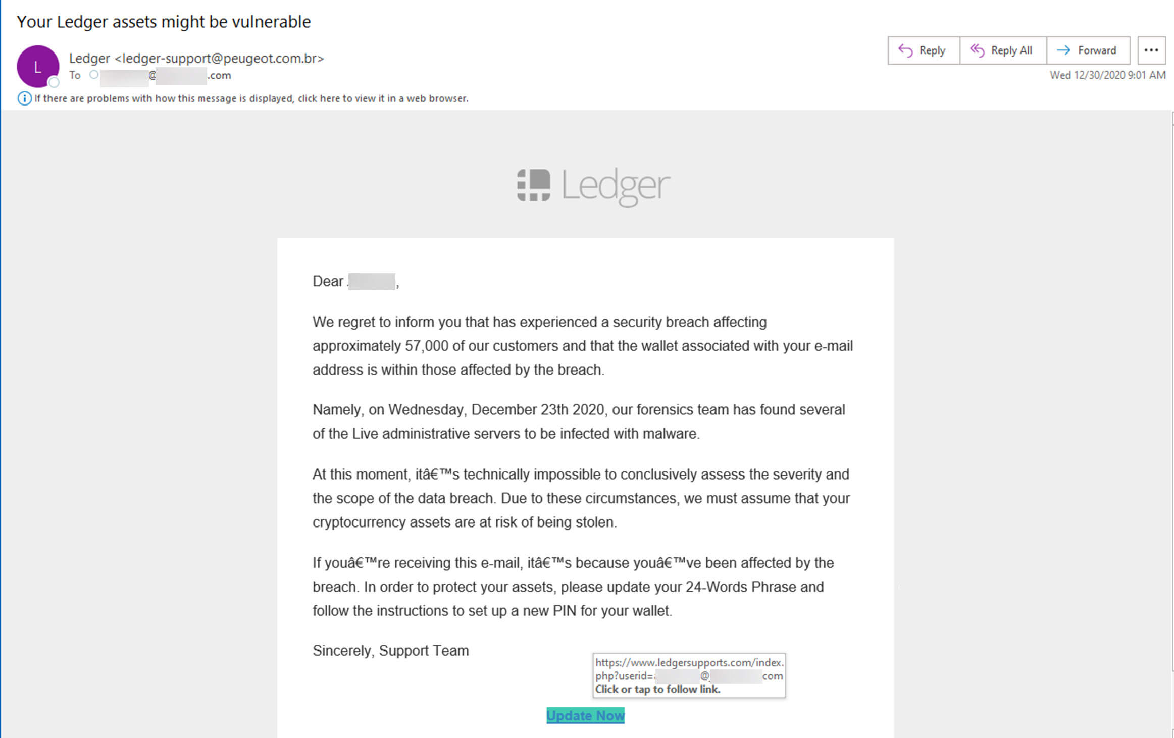 Ledger phishing email